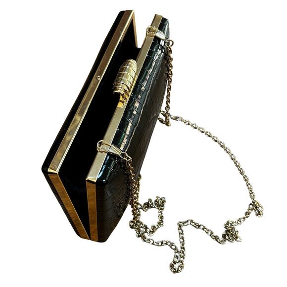 Vintage 1990’s black patent box style evening bag purse moc croc texture clutch - Picture 8 of 8